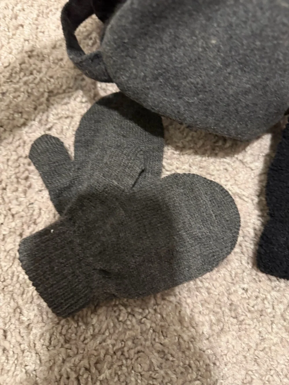 Grey & Black Pom Pom Earflap Hat with Matching Mittens- 12-24 month- like new